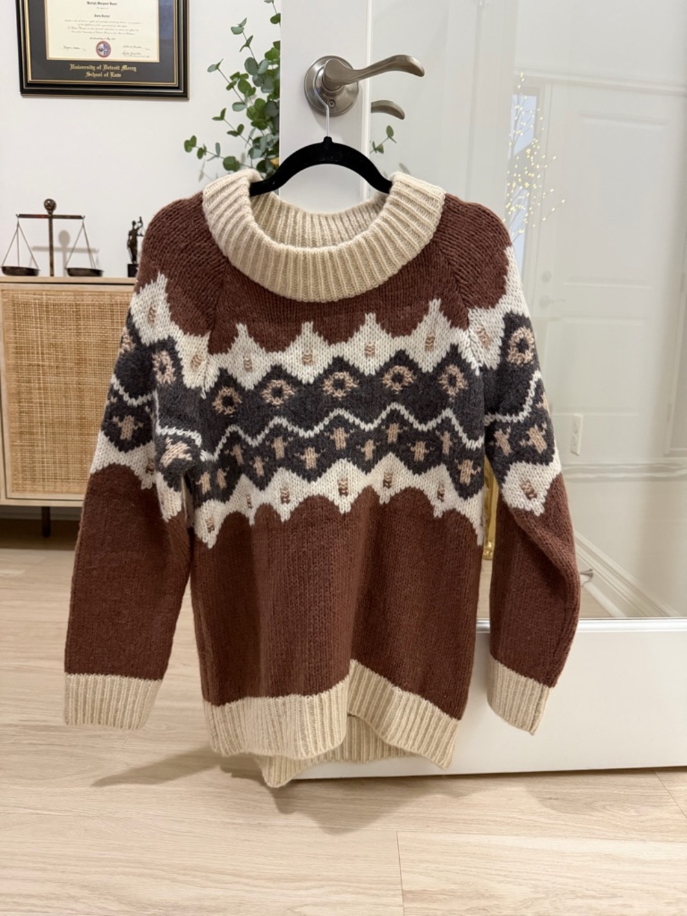 aerie Cream Ribbed-Neck Brown Knit Fair Isle Sweater